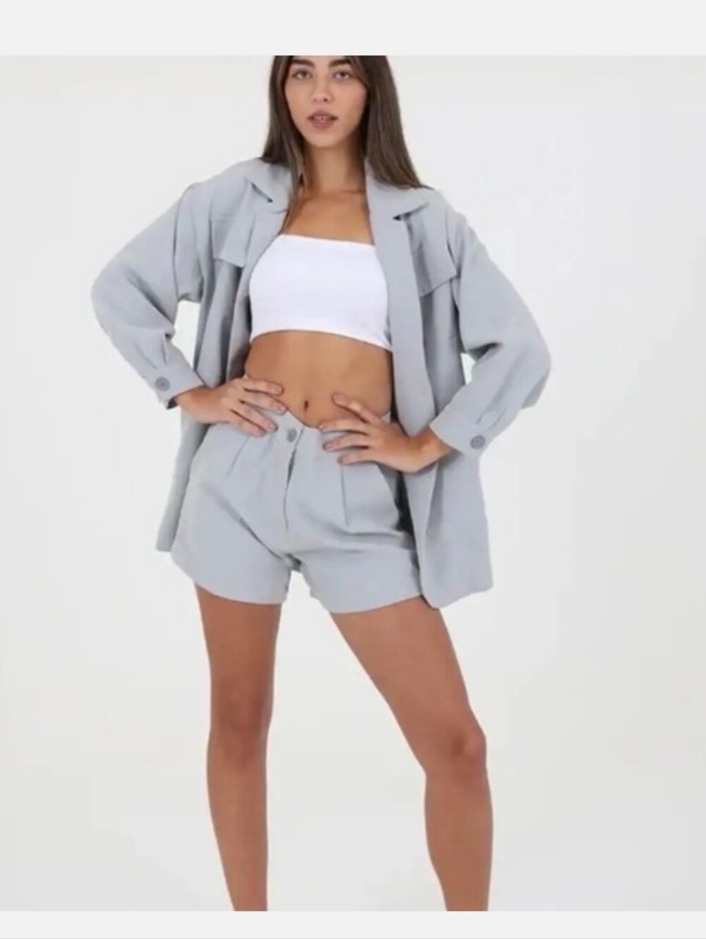 Gray Two-Piece Button Front Shirt & Shorts Set NWOT